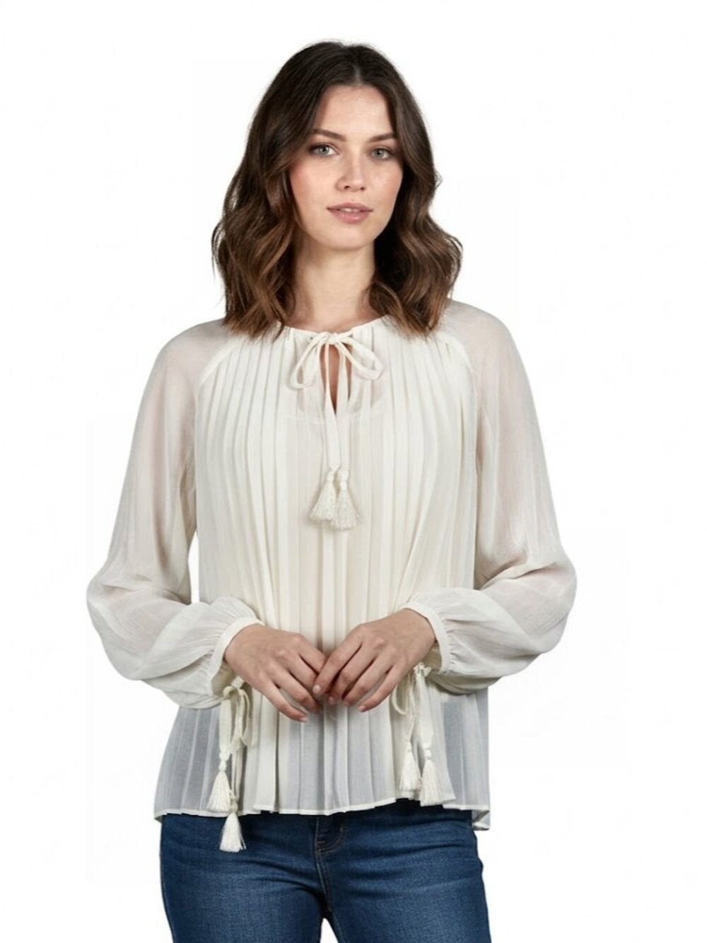 Rebecca Minkoff Pleated Boho Tassel Blouse, Ivory, Womens Size Small
